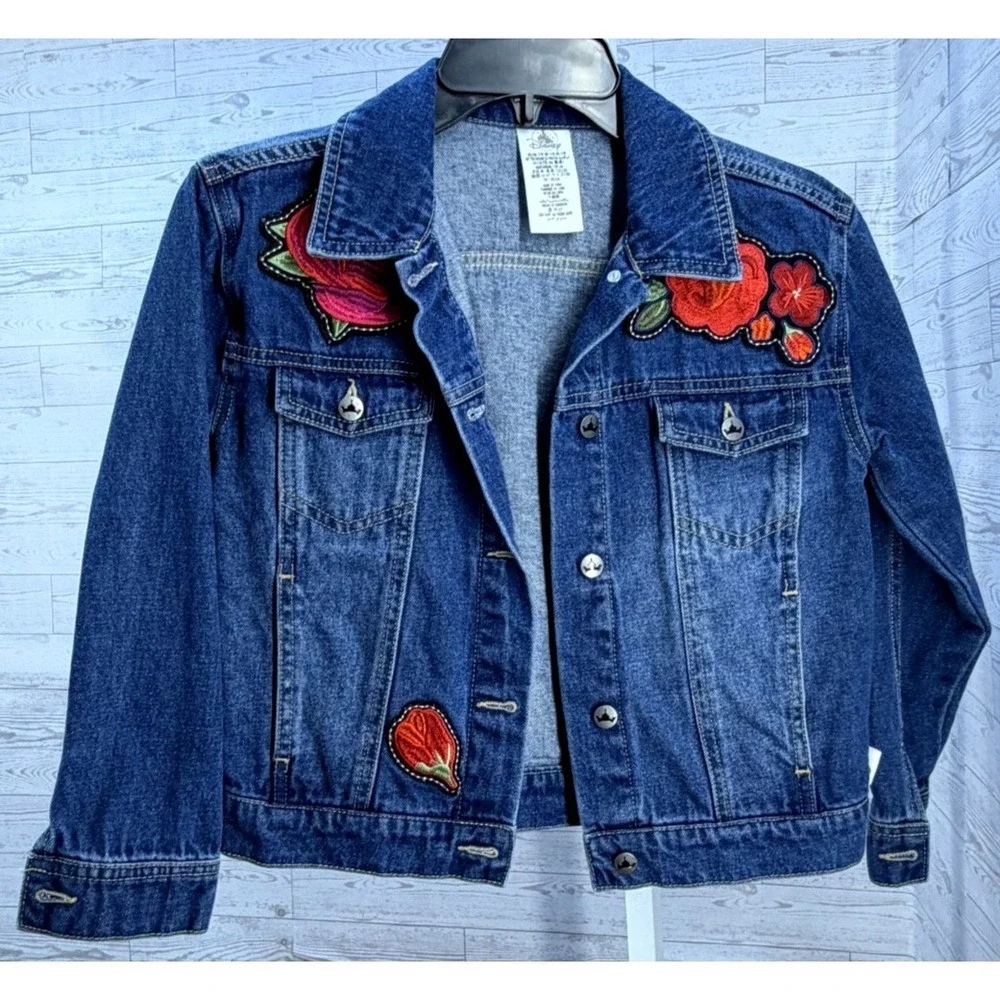 Girls Disney Princess Belle Red‎ Rose Denim Jacket Blue Disney Parks Size 7/8